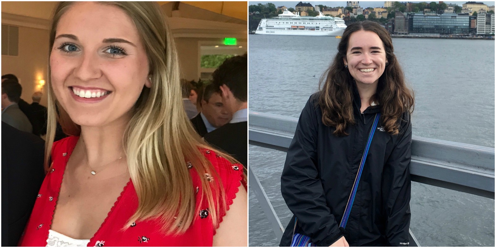 Left: Close-up of intern smiling. Right: Intern smiling in harbor.
