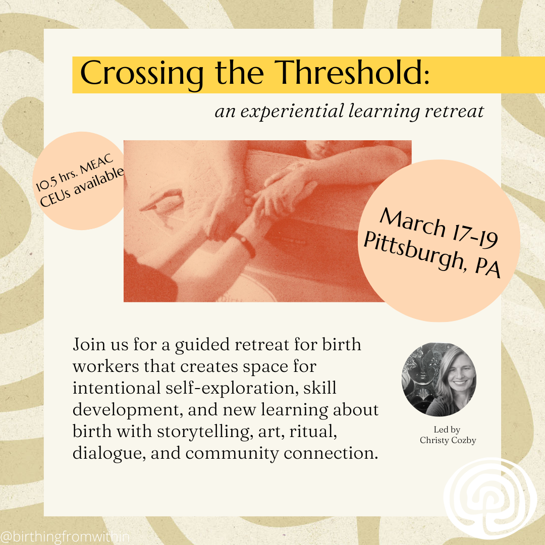 A flyer promoting Crossing the Threshold. It has an image of two people clutching hands. Text describes the retreat over a background with green swirls.