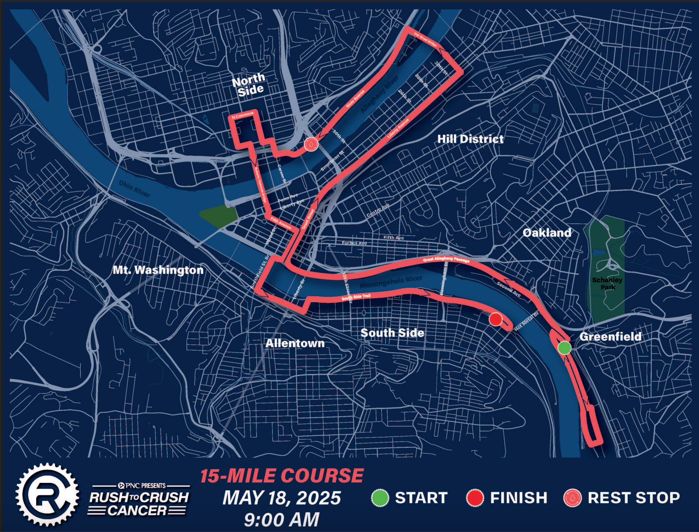 Map of 15-mile route for Rush to Crush Cancer 2025