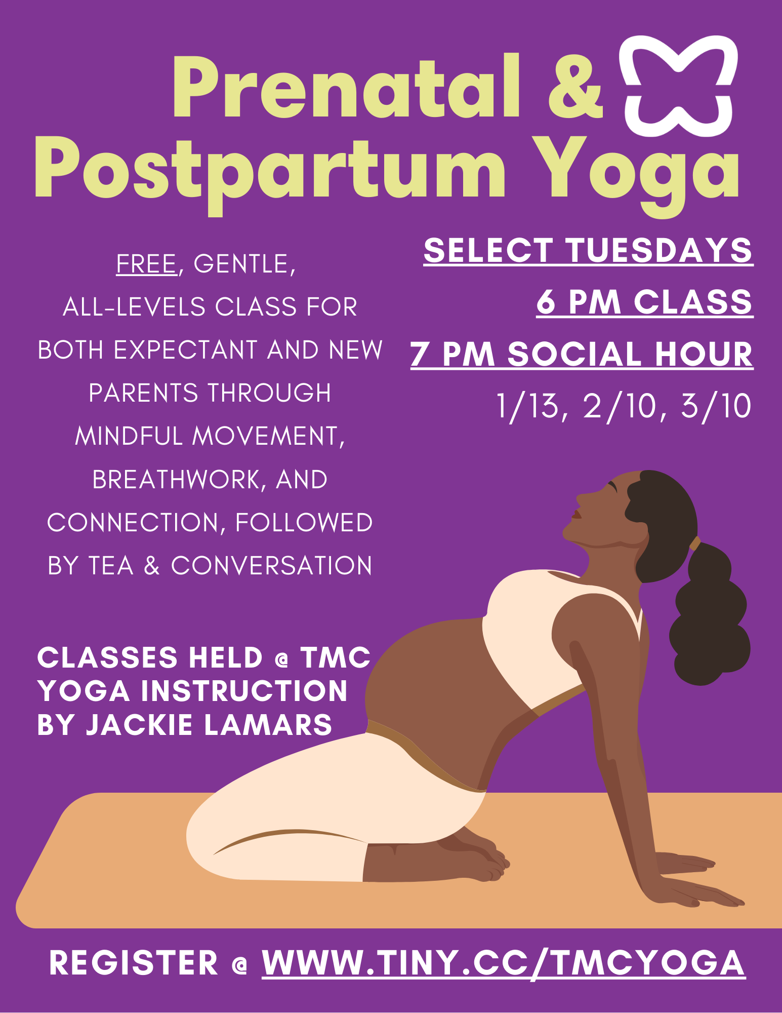 Flier promoting prenatal and postpartum yoga featuring an illustration of a Black woman doing yoga.