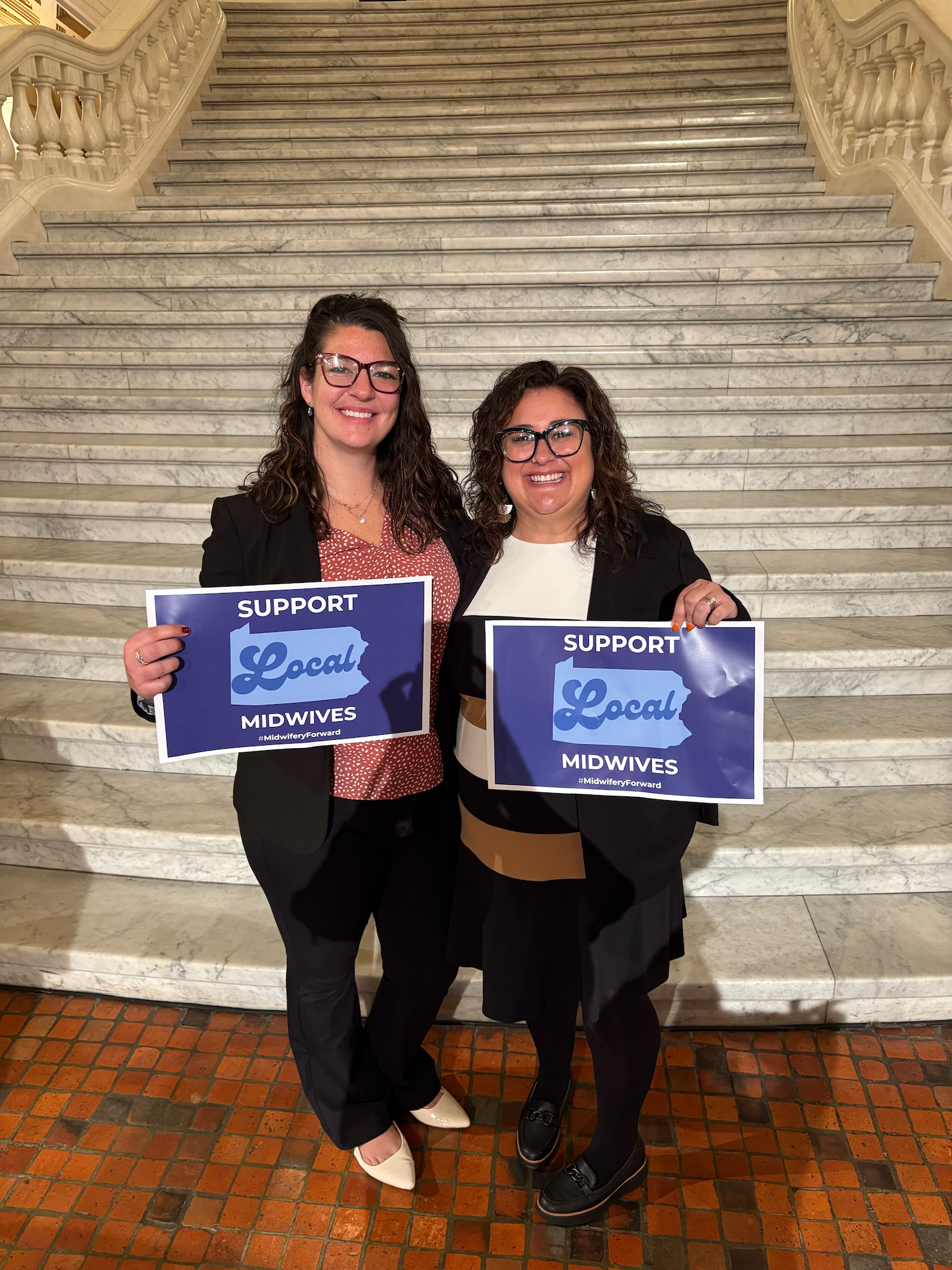 Emily Mcgahey, DM, MSN, CNM, FACNM, Clinical Director (right) with Erica Biesinger, Finance Consultant, during the Midwifery Forward Day of Advocacy in Harrisburg in October 2025.