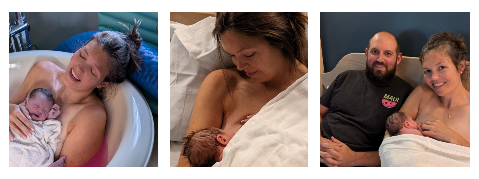 Three photos of Traci with her newborn and husband after giving birth at The Midwife Center.